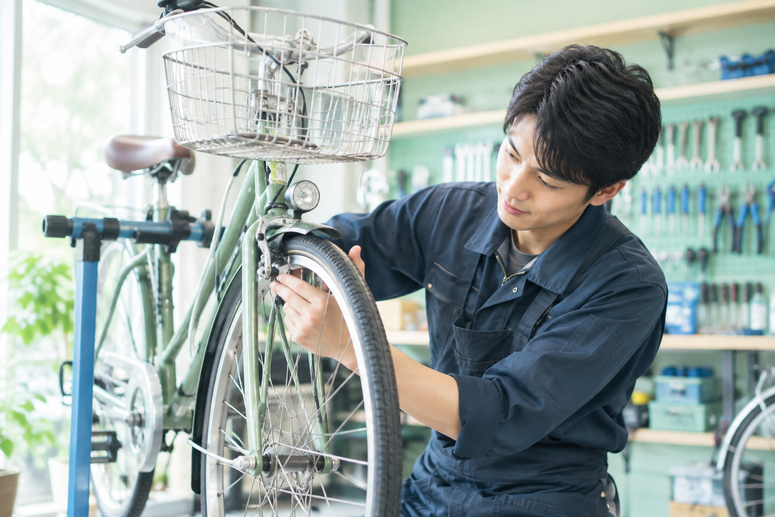 整備士が明るい作業台で通勤用自転車のブレーキを点検している様子