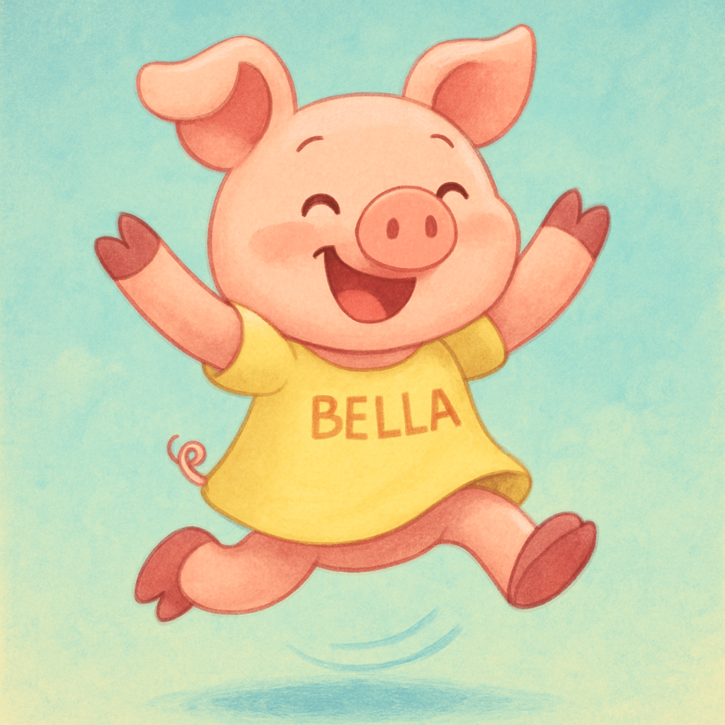 Bella the Bouncy Pig avatar, cartoon pig jumping high with a big smile, bright colors, playful energetic pose, extra bouncy and fun for kids