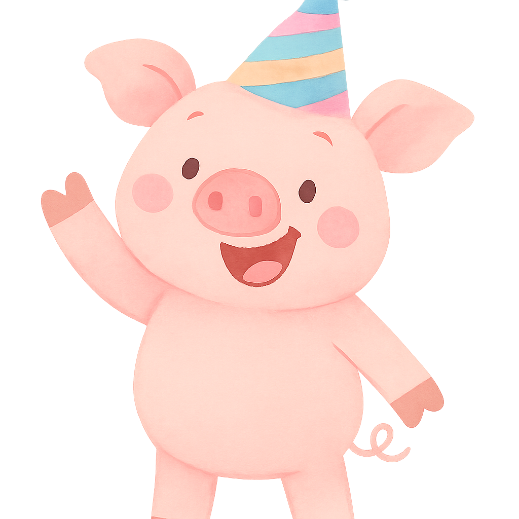 Cartoon pig with a big smile, waving, wearing a party hat