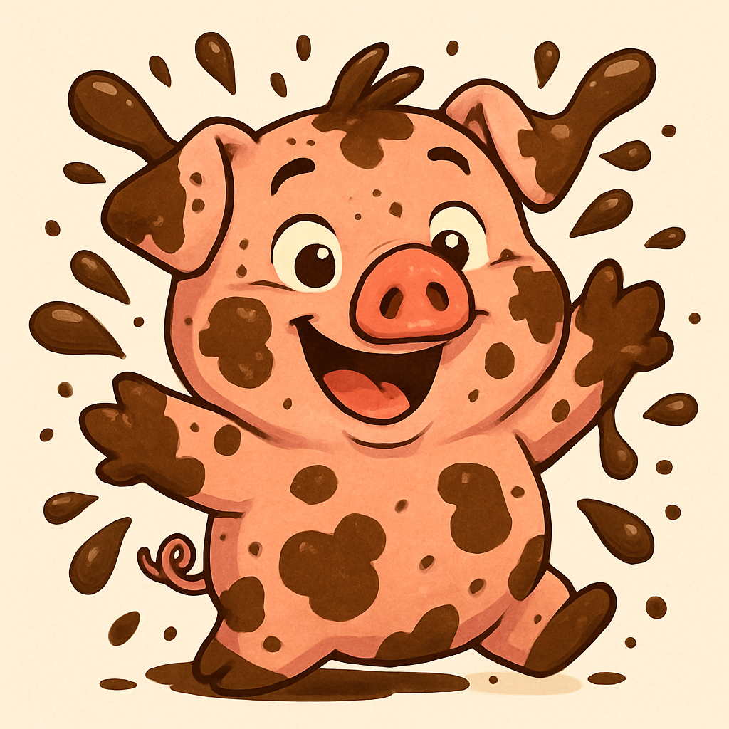 Max the Muddy Pig avatar, extra muddy and happy, with big splashes of mud and a playful expression