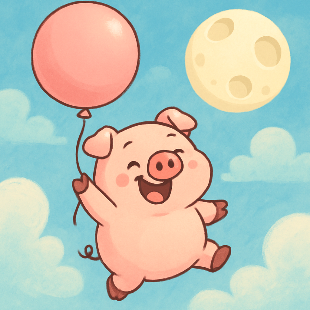 A cute smiling pig floating up with a big pink balloon toward the moon, looking excited and silly.