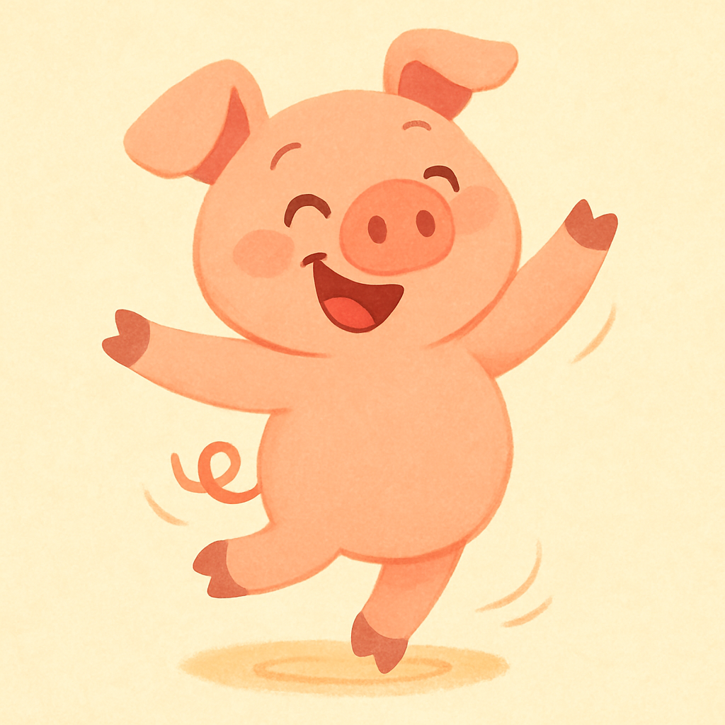 Pig dancing with a big smile and twirling on one hoof