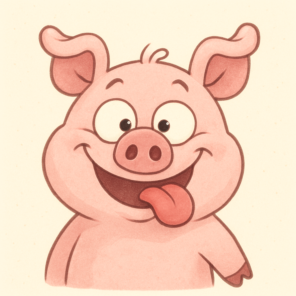 Cartoon pig making an extra silly, funny face with a big smile, crossed eyes, tongue out, and wiggly ears, looking friendly and playful for kids