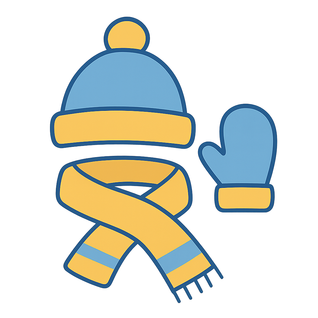 Illustrated icon of a child wearing a warm hat and scarf holding a mitten