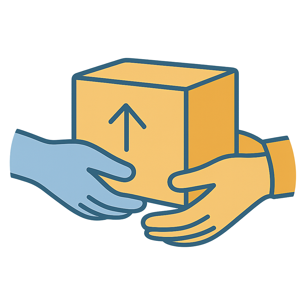 Illustrated icon of hands passing a supply box between two people