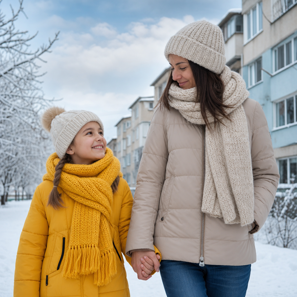 Young girl Iryna in a bright yellow scarf holding hands with her mother outside a snowy apartment block