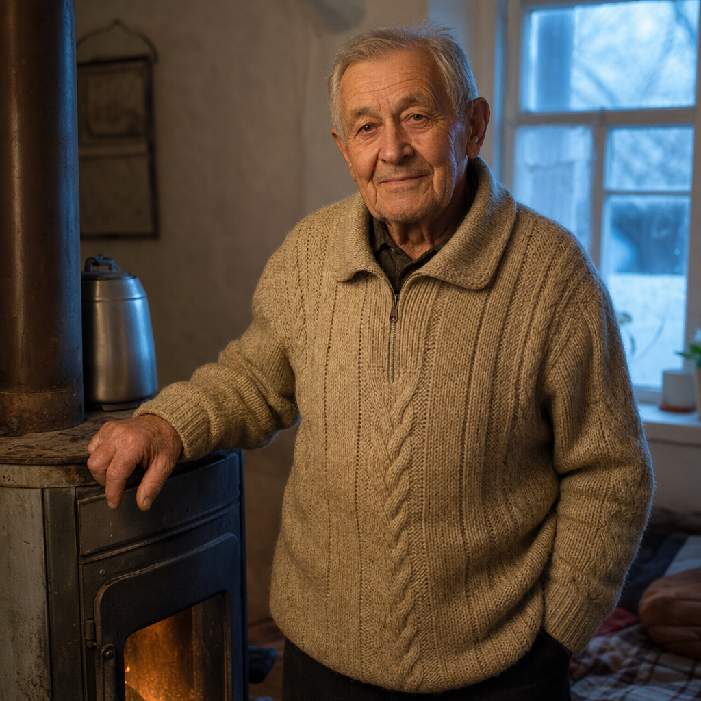 Elderly man Mykola in a knitted sweater standing by a small stove in a modest winter home