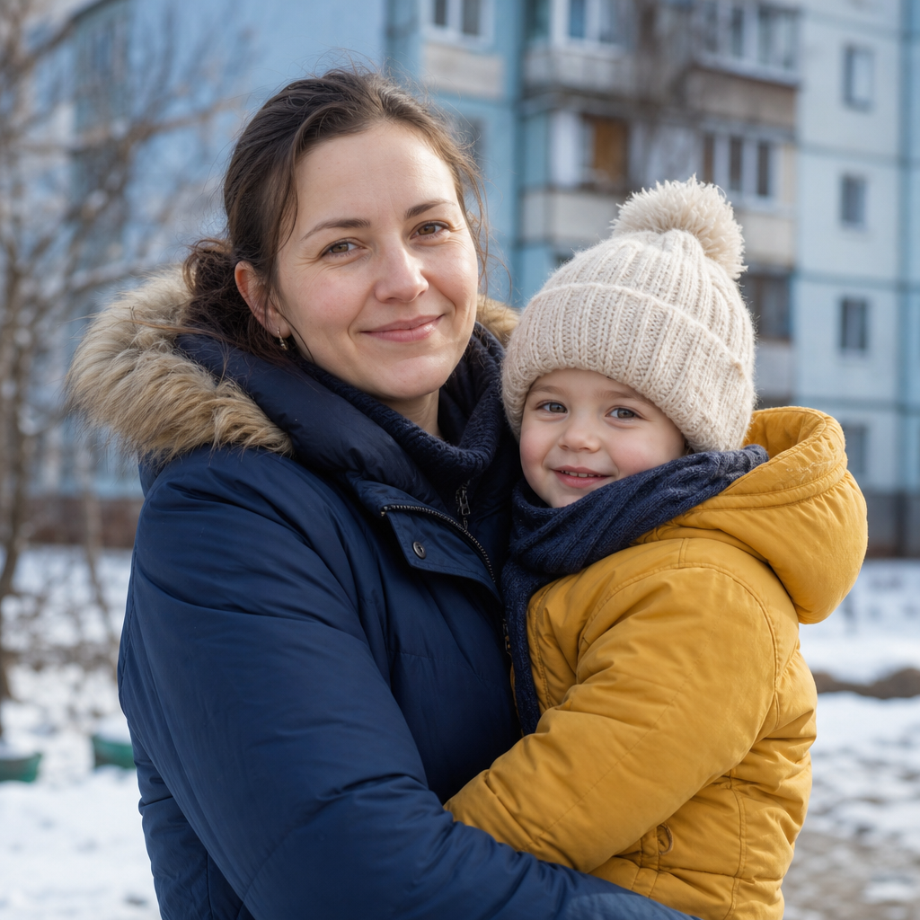 Portrait of Oksana wrapped in a warm coat, smiling gently in a snow-dusted Ukrainian courtyard
