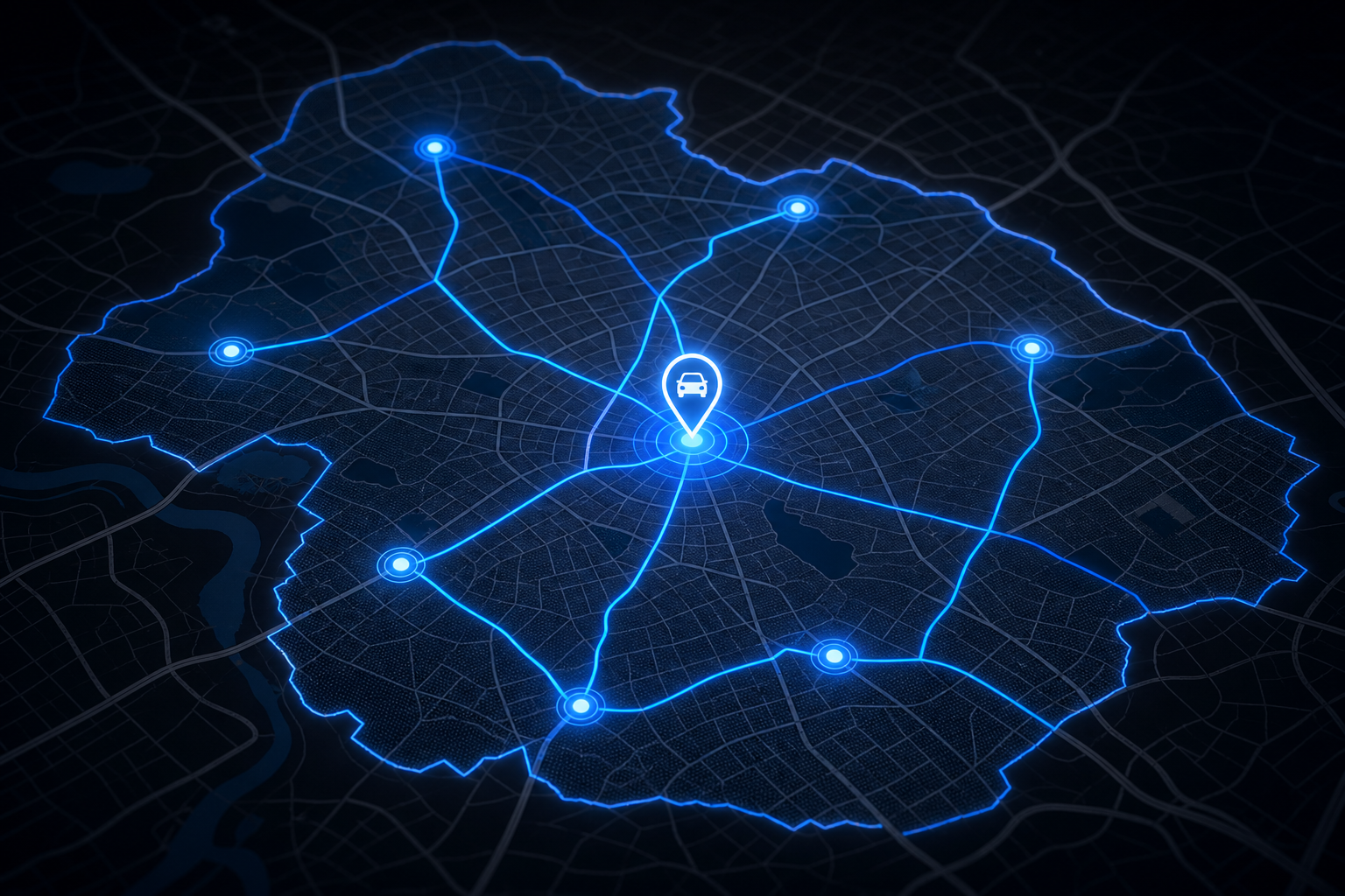 Stylized local service coverage map with glowing route lines and location nodes