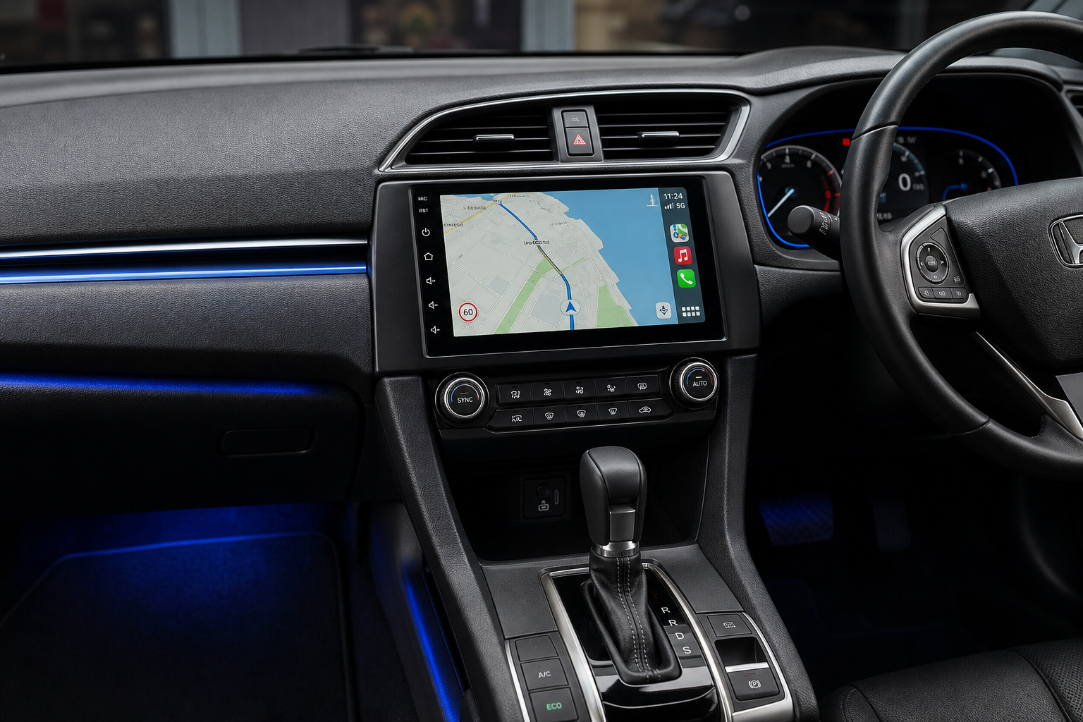 Modern vehicle dashboard with a clean aftermarket infotainment screen installation and tidy trim finish