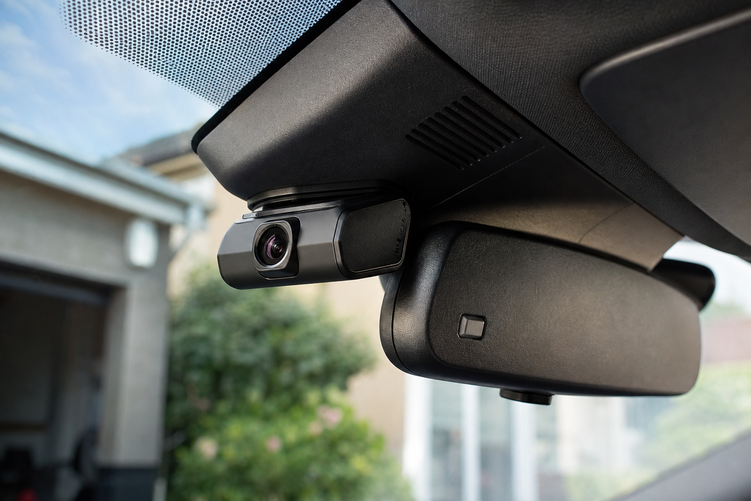 Dashcam neatly mounted near rear-view mirror with tidy cable concealment