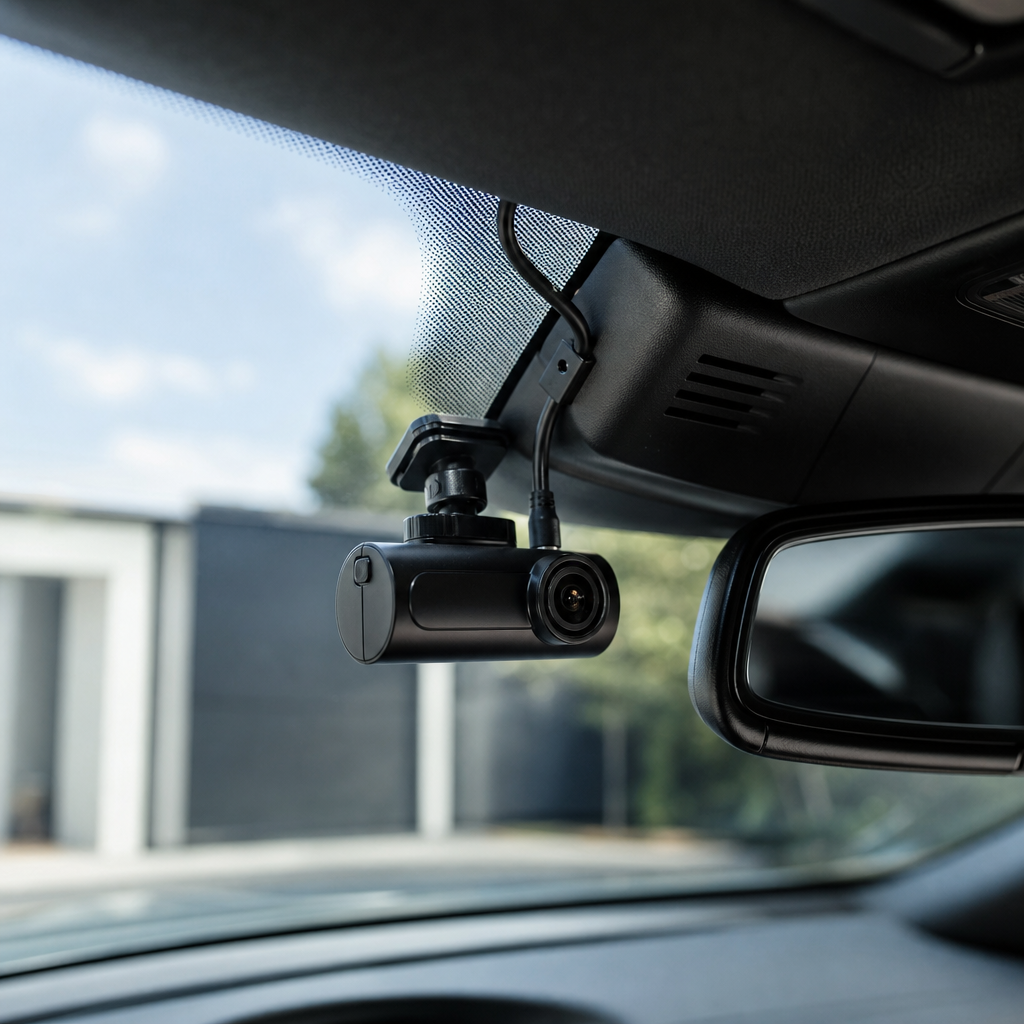 Front windshield dashcam neatly mounted near the rearview mirror with hidden cable routing