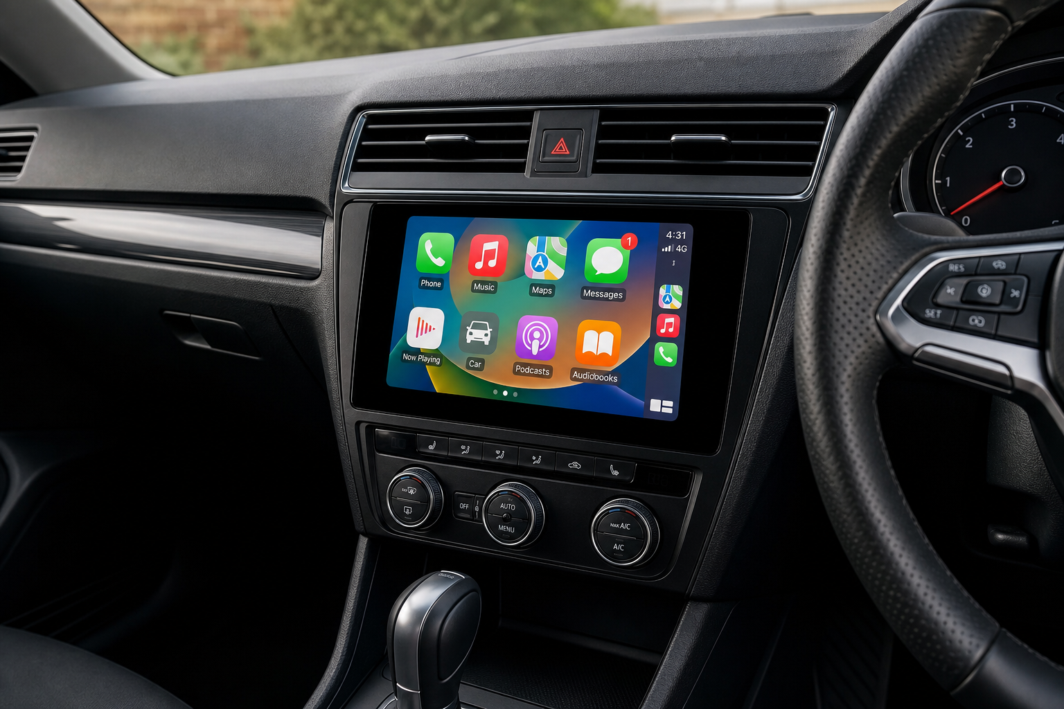 Clean upgraded dashboard with an integrated touchscreen head unit fitted flush into the center console