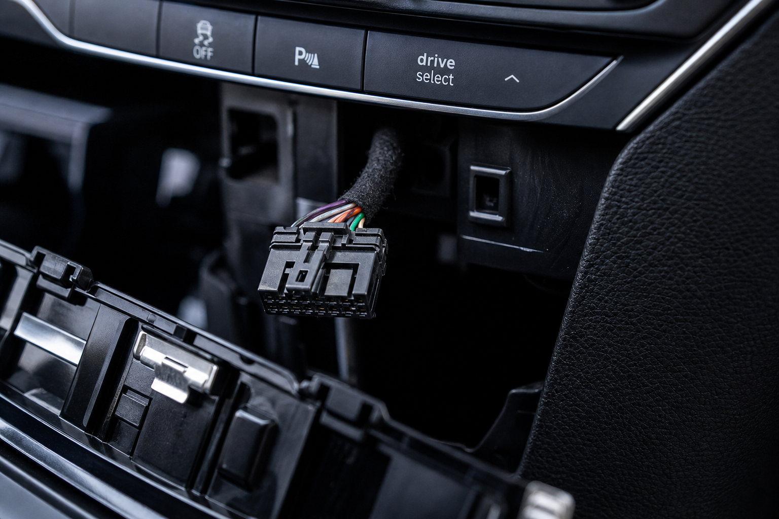 OEM retrofit detail showing factory-matched trim and connector finishing