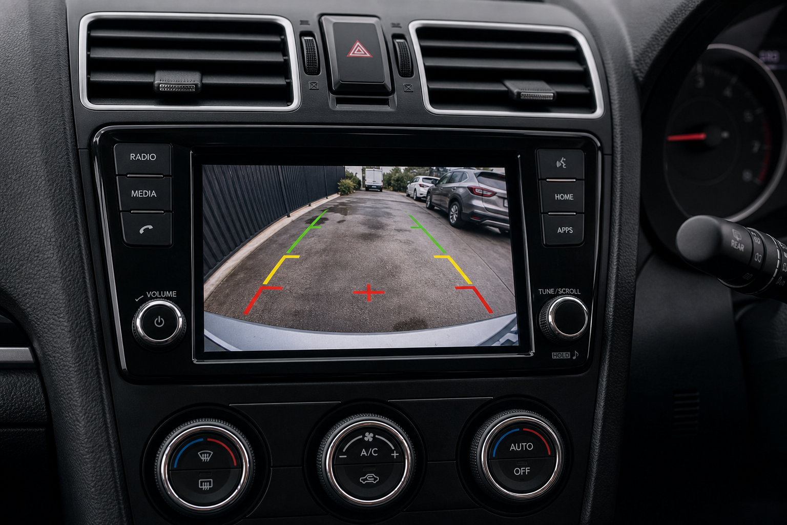 Reverse camera display showing clear parking lines on an in-dash screen