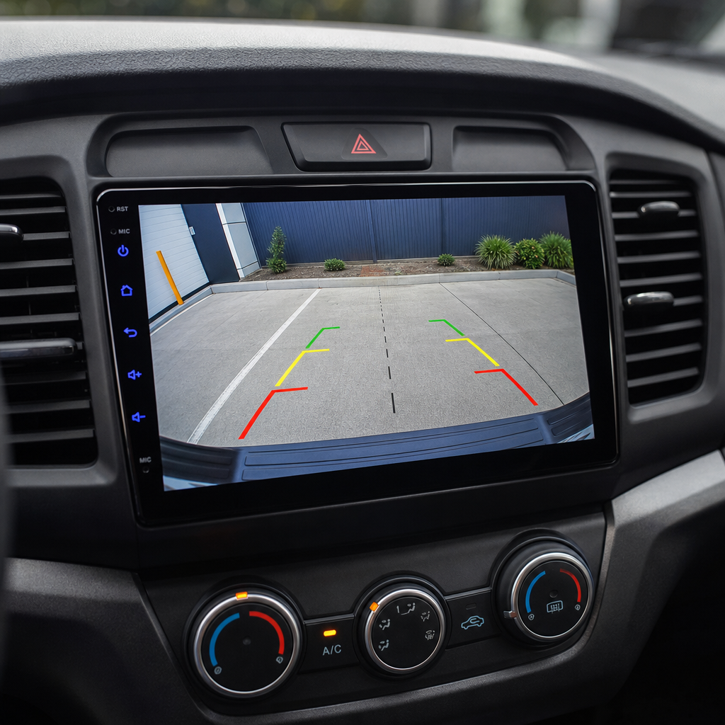 Reverse camera image shown on an in-dash display with parking guide lines visible