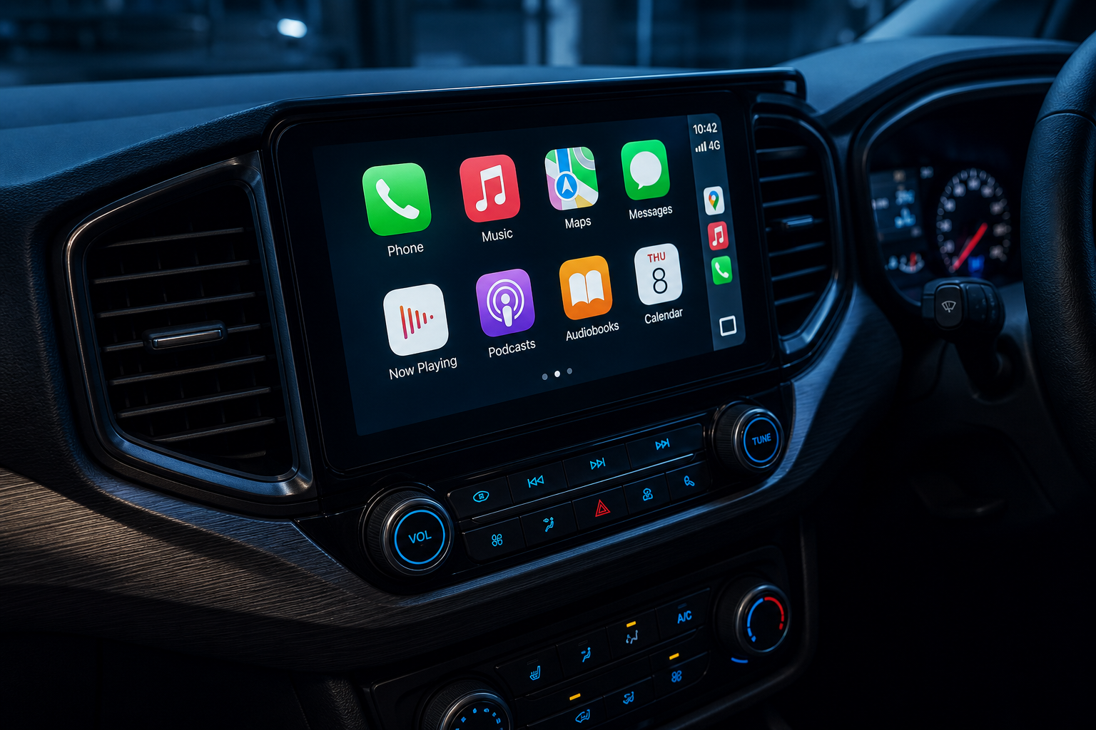 Clean in-car technology detail with modern infotainment controls and a professional retrofit finish