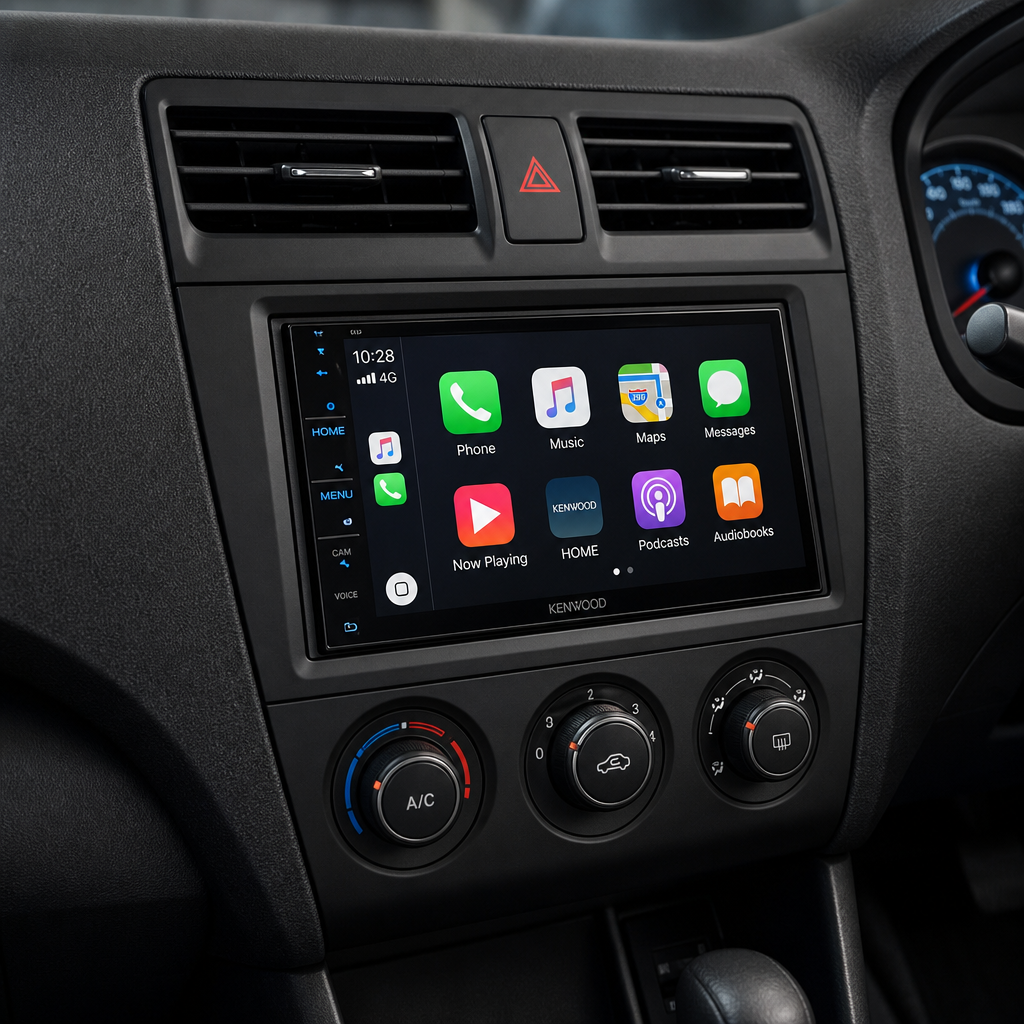Close-up of a finished aftermarket stereo upgrade with trim aligned cleanly to the dashboard