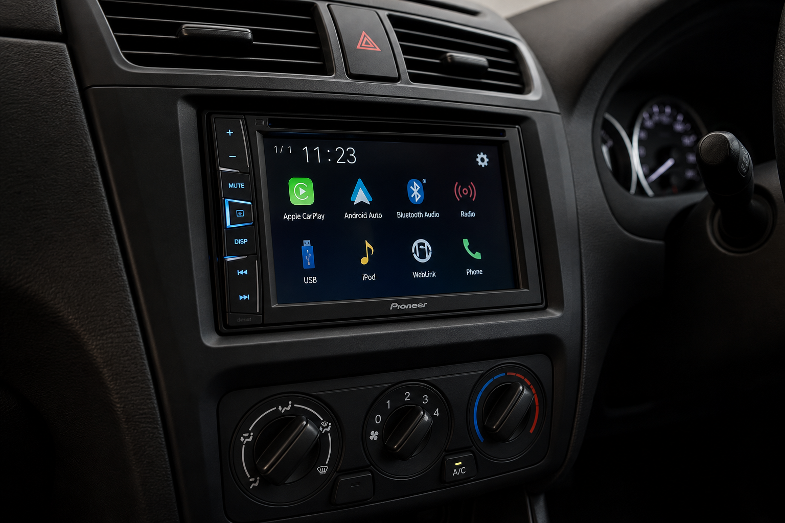 Aftermarket stereo upgrade with flush trim fit and clean button alignment