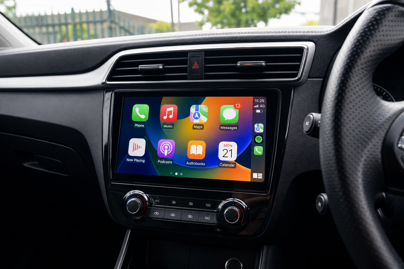 Upgraded dashboard screen with modern Apple CarPlay style interface integrated into factory dash
