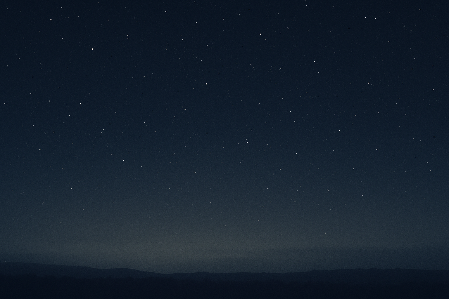 Calm night sky observation scene with a dense star field and a faint silhouetted horizon