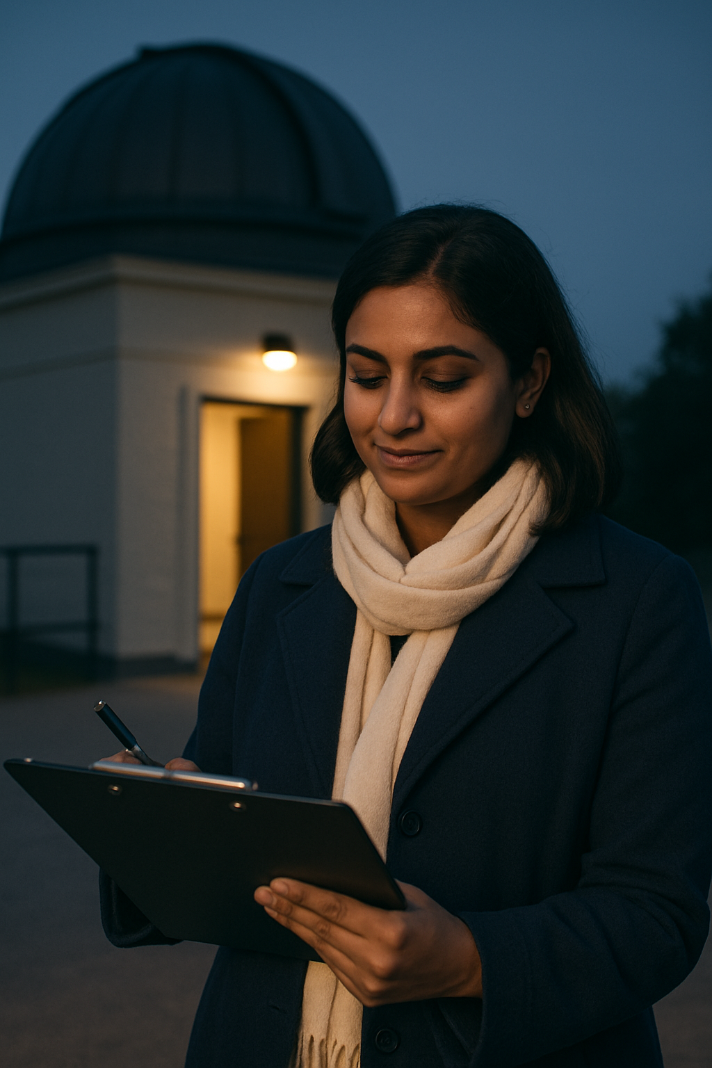 Portrait-inspired image of a woman volunteer in a light scarf checking meetup notes near a community observatory doorway at dusk