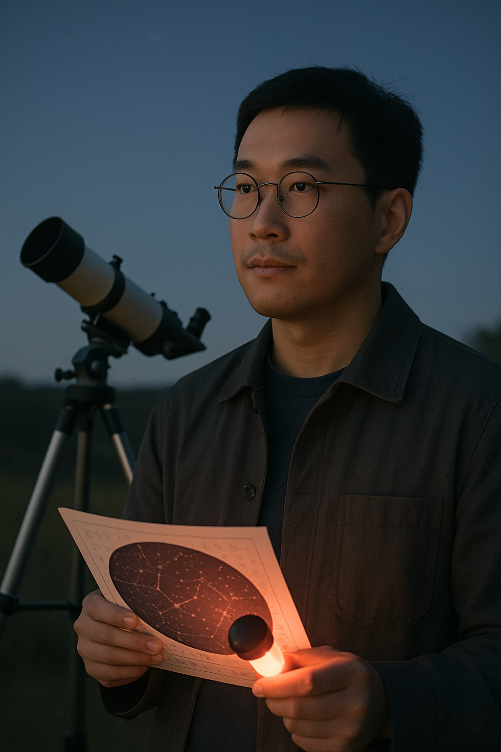 Portrait-style image of a young male astronomy organizer with glasses reviewing a printed star chart beside a red-light lantern