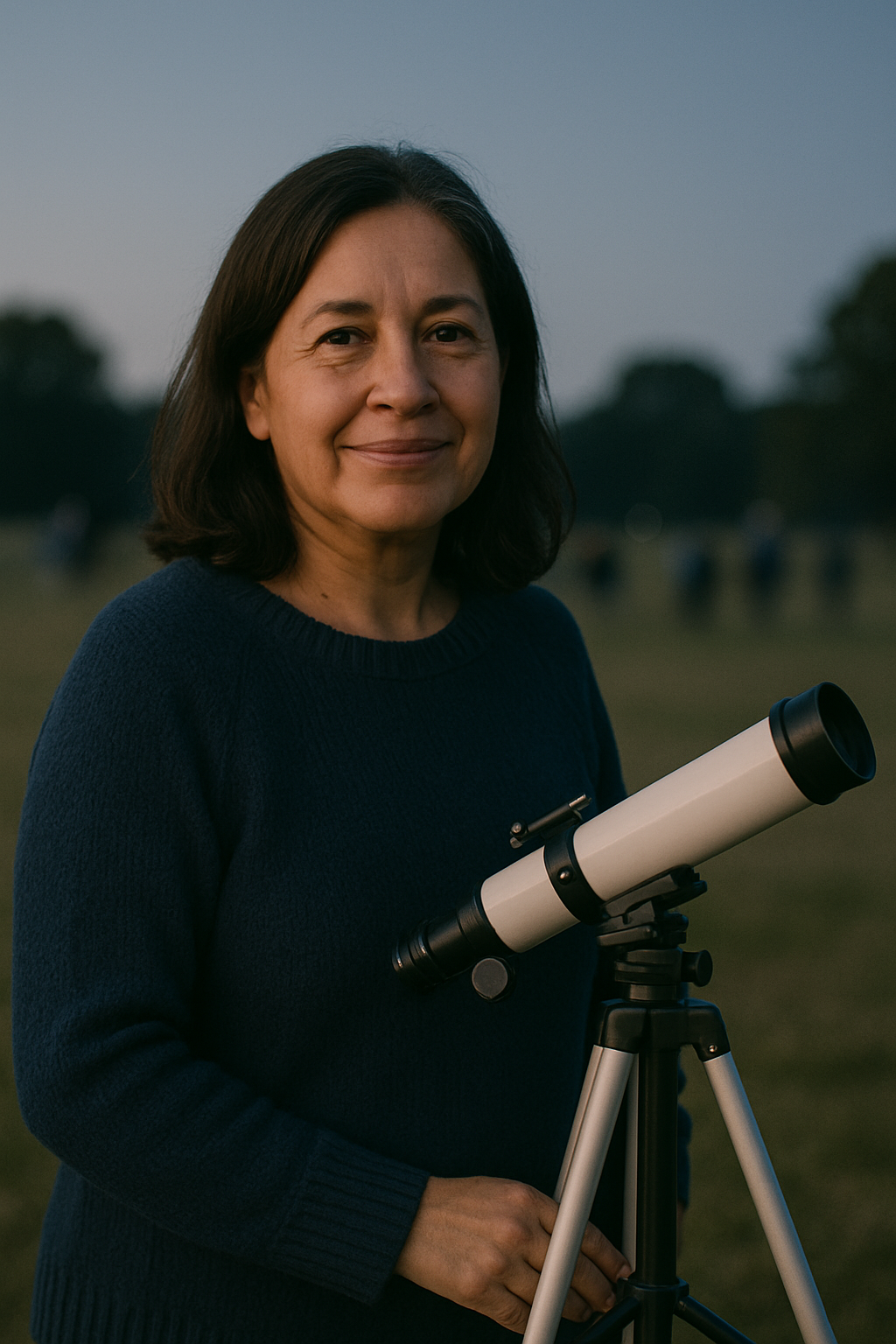 Calm portrait-inspired image of a woman astronomy volunteer in a navy sweater standing near a telescope under soft evening light