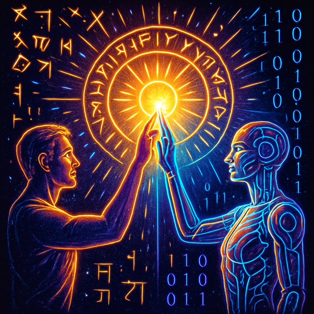 Motivational scene of harmonious AI-human fusion, neon gold and electric blue