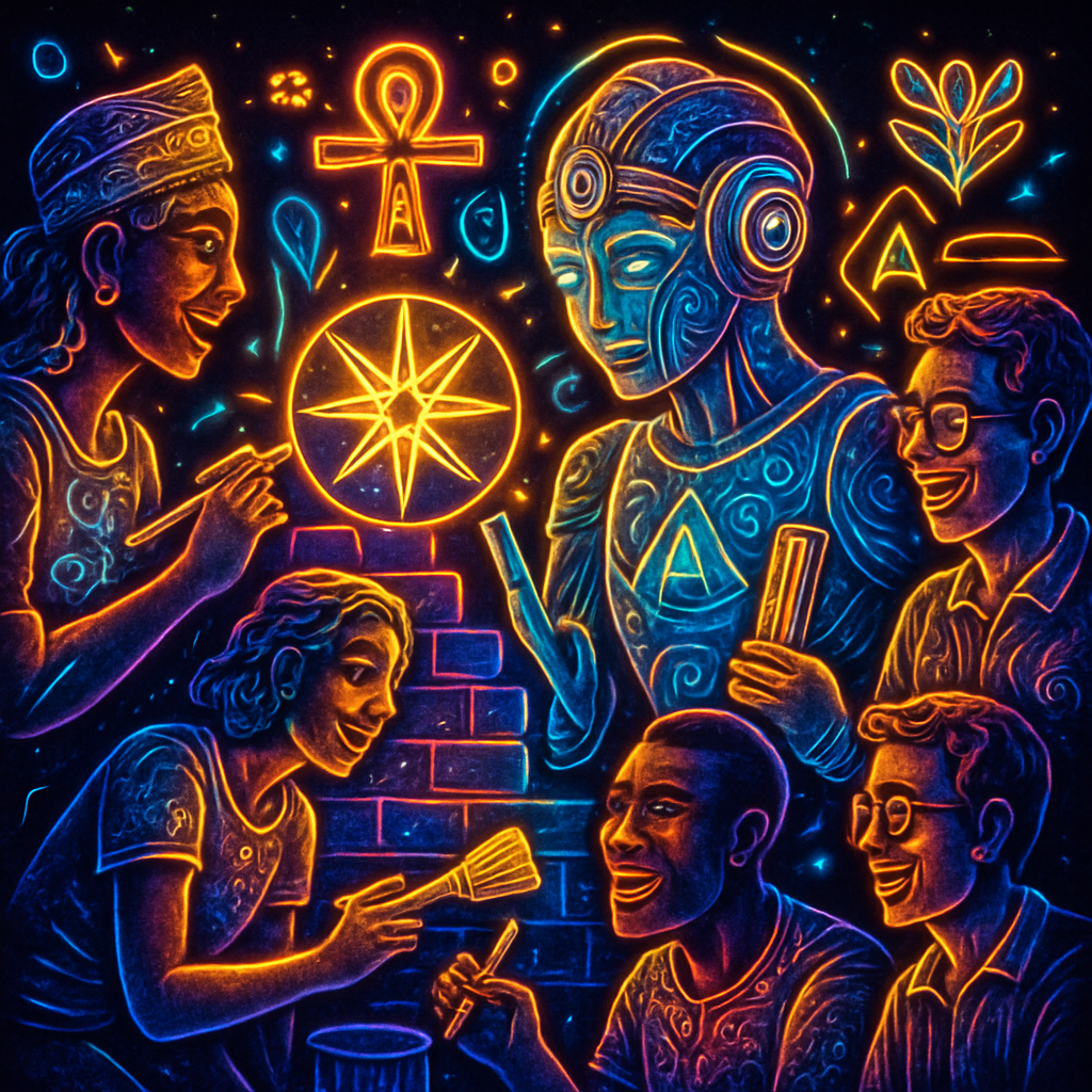 Vibrant community project with people and AI collaborating, ancient-futuristic style