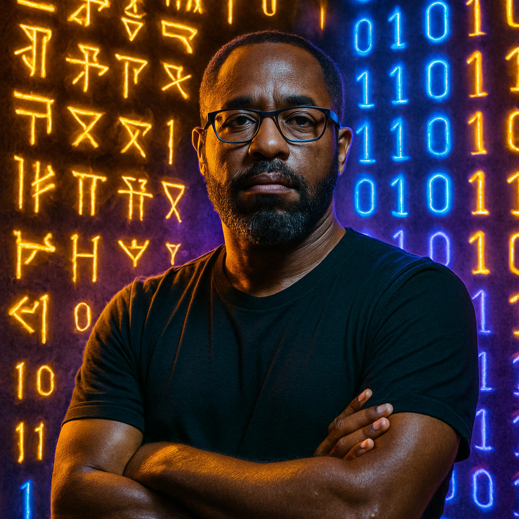 Portrait of Jeffrey Shropshire, glowing cuneiform and binary code in background
