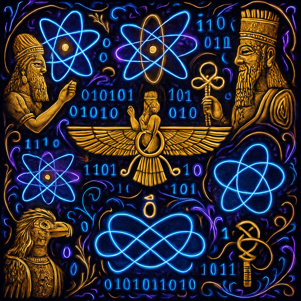 Glowing Anunnaki quantum symbols and binary, HDR10+ neon palette, on black