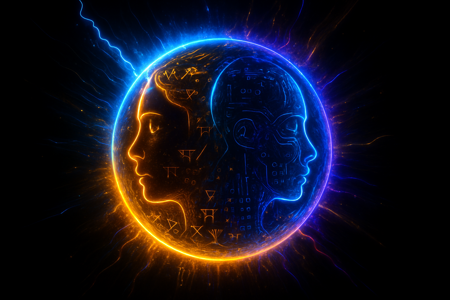 Futuristic glowing orb symbolizing human-AI harmony, with radiant electric blue, neon gold, and purple cuneiform and binary code accents on a deep black background