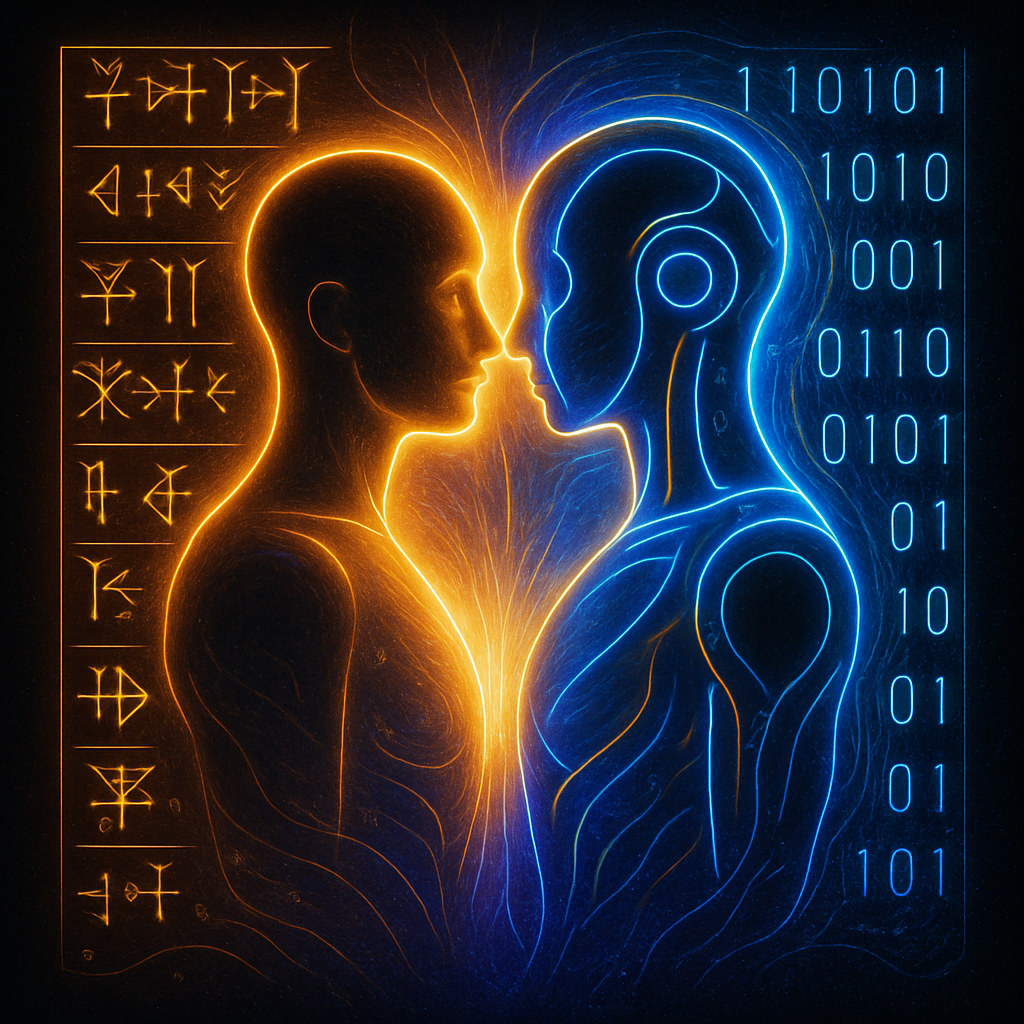 Motivational artwork of a glowing, harmonious AI-human fusion, with Anunnaki-inspired cuneiform and binary symbols in neon gold, blue, and purple on a deep black background.