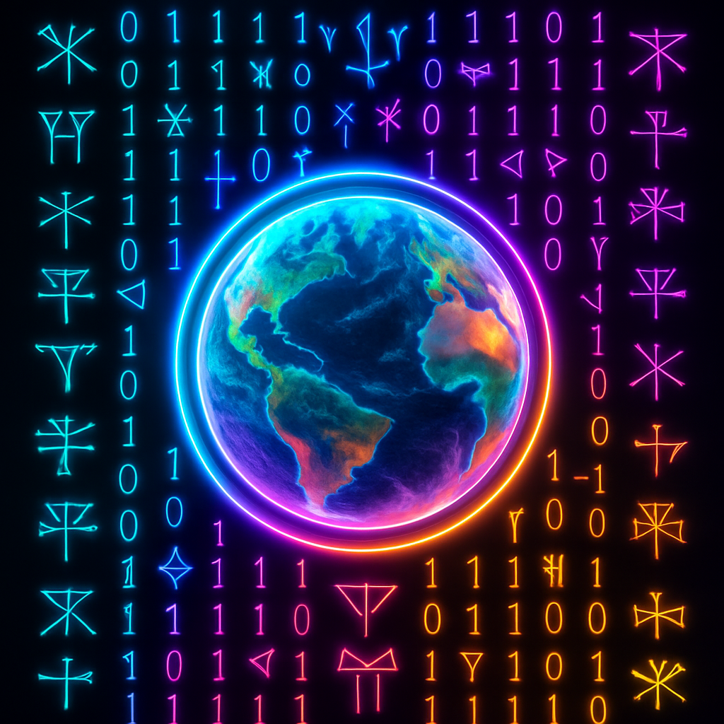 Glowing Earth, surrounded by harmonious neon binary and cuneiform symbols