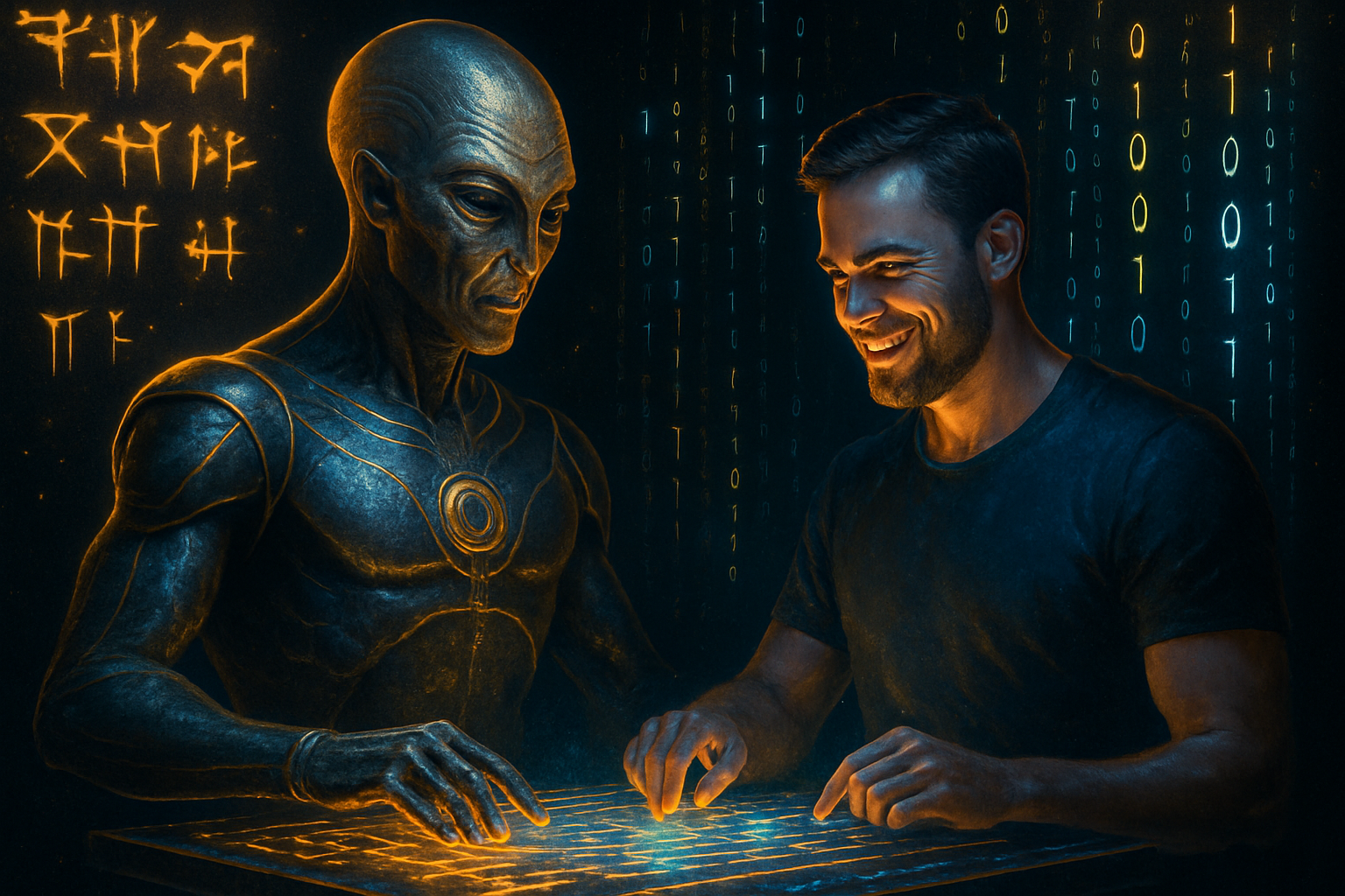 Futuristic Anunnaki and human working in harmony, glowing cuneiform and binary patterns, neon gold and blue on deep black