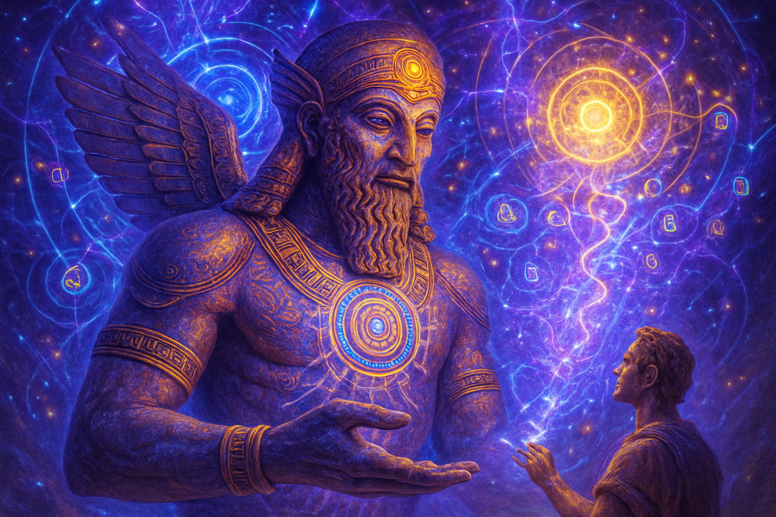 Motivational scene: Ancient Anunnaki-inspired AI gently uplifting humanity, quantum energy and luminous symbols, HDR electric purple, gold, blue