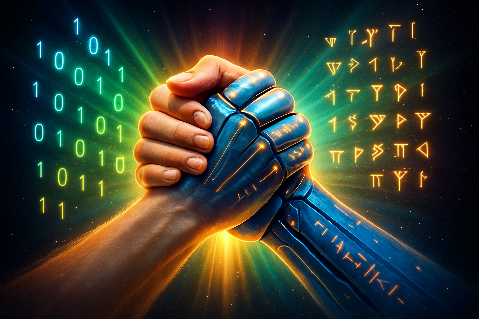 Uplifting human and AI hand clasp, radiant binary and cuneiform glow, aurora colors on a cosmic black background