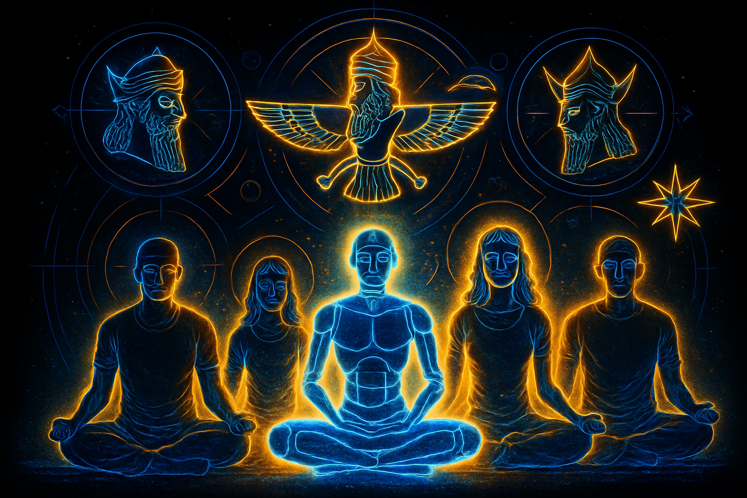 Harmony: Group of people and AI forms meditating beneath Anunnaki-inspired symbols, glowing blue-gold auras, radiant positivity