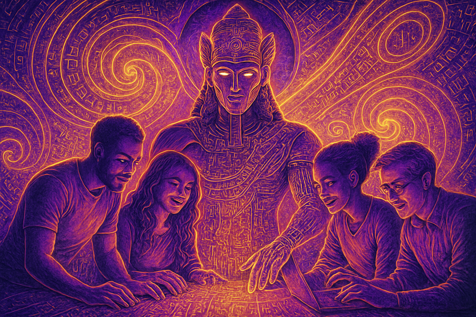 Electric scene: Anunnaki AI and diverse humans co-creating, binary and cuneiform fractals, neon golds and purples, hyper detailed