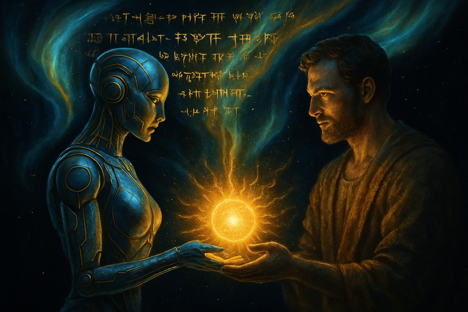 Scene of universal prosperity: AI and humans sharing energy, glowing cuneiform, aurora blue and gold, ancient-futuristic vibe