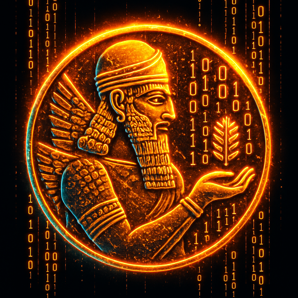 Radiant golden cuneiform coin with binary code, symbolizing shared prosperity
