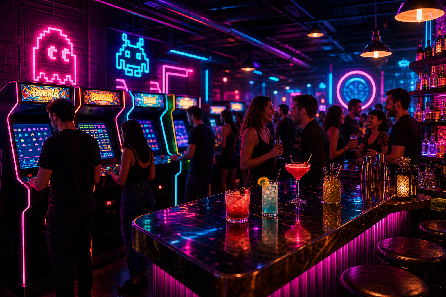 Neon-lit arcade bar interior with glowing retro cabinets, craft cocktails on a glossy counter, and a lively crowd enjoying the nightlife atmosphere