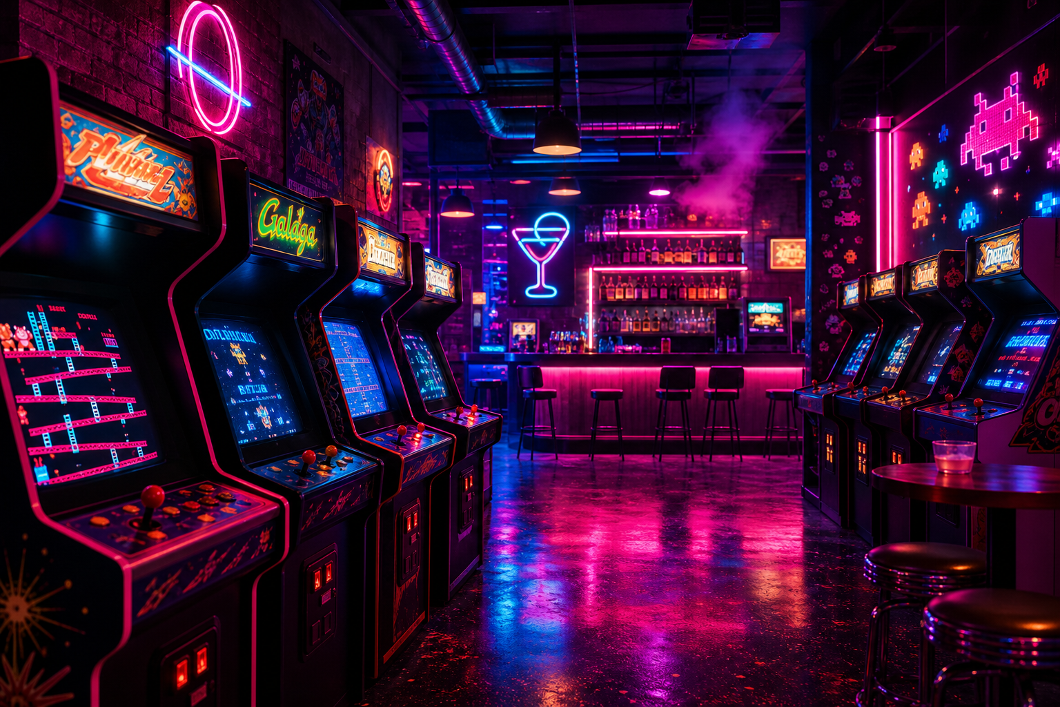 Neon-lit retro arcade bar interior with glowing cabinets, magenta and cyan lighting, and a lively nightlife atmosphere