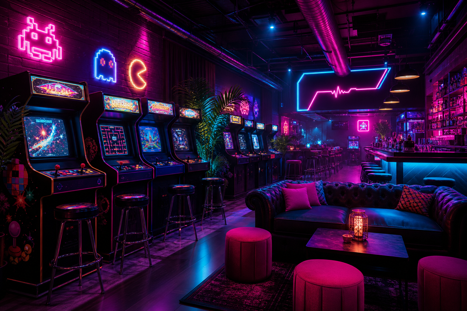 Neon-lit arcade bar interior with glowing cabinets, magenta and cyan lighting, and a lively lounge atmosphere