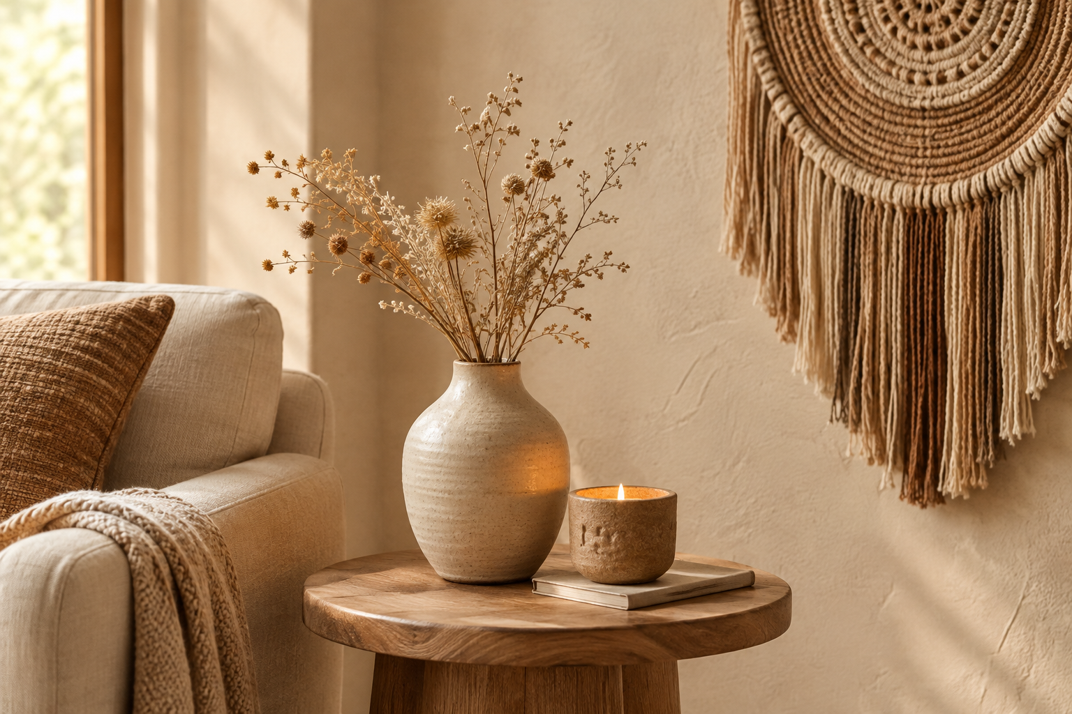 Warm artisan home decor arrangement with ceramic vase, woven wall hanging, and candle holder in natural light