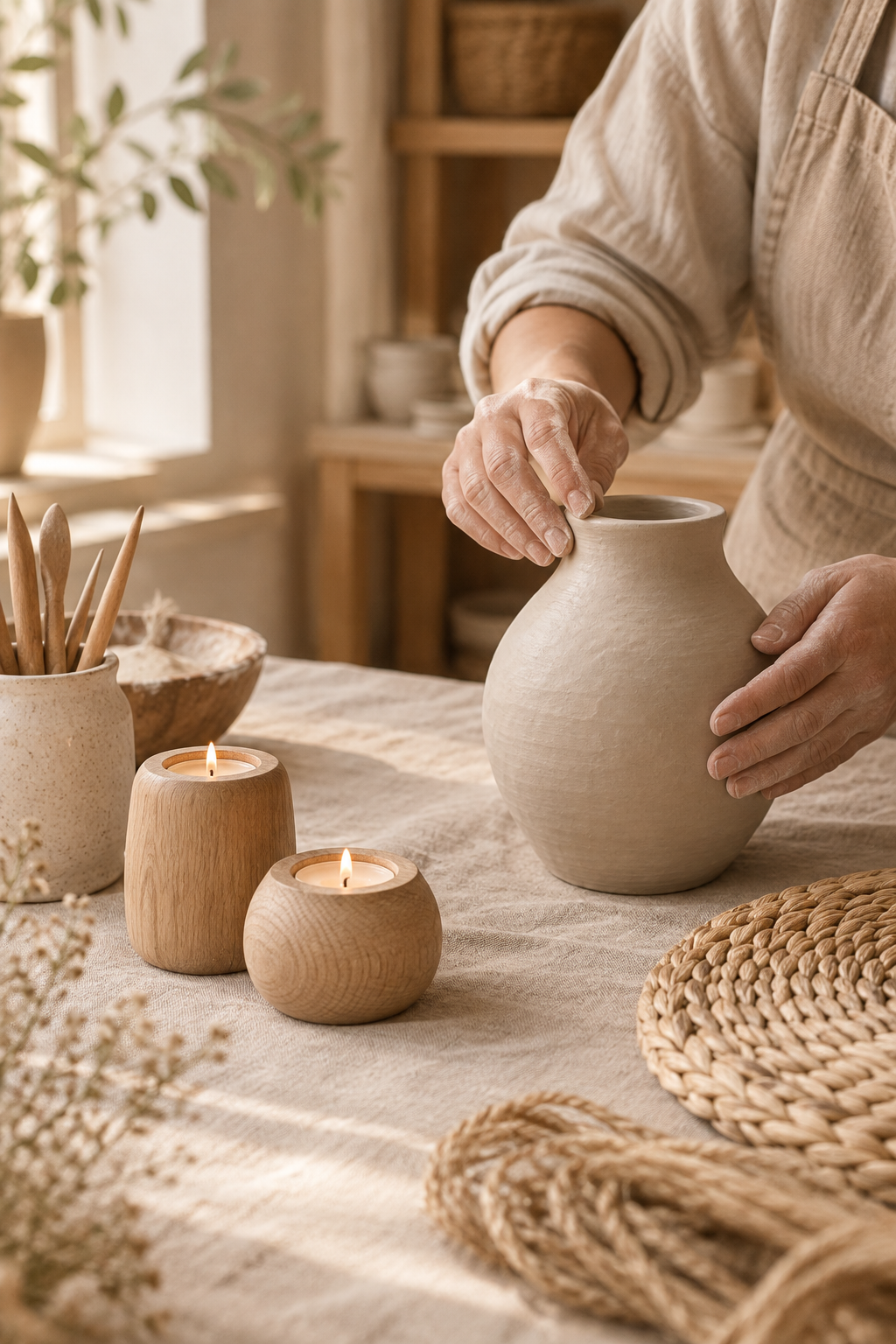 Artisan hands shaping a light clay vase beside oak candle holders and woven fibers on a linen-covered worktable in warm natural daylight
