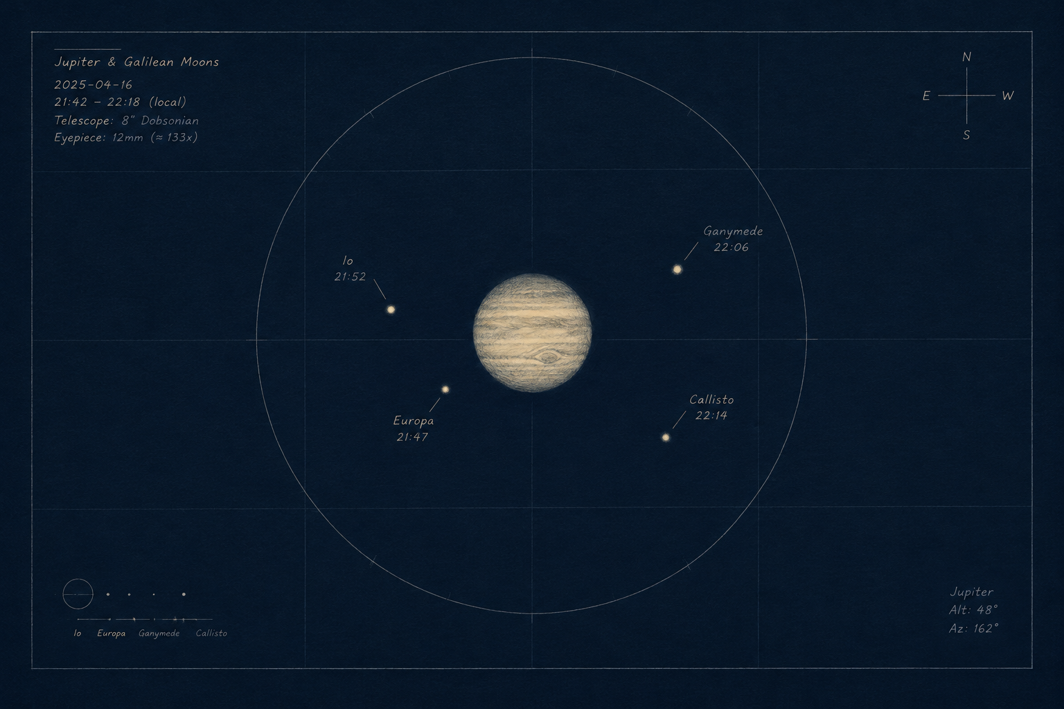 Hand-drawn style astronomy chart showing Jupiter and four Galilean moons with observation timestamps