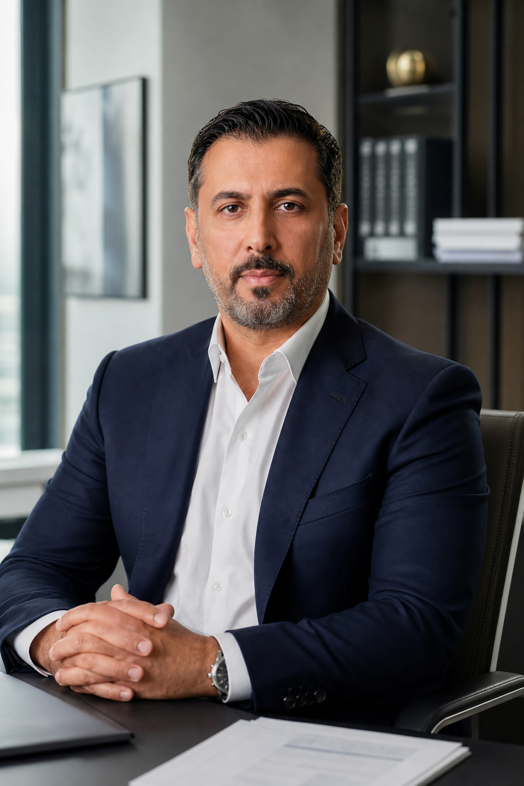 Portrait of Mohammed Khalid Al Qasab in a formal advisory setting