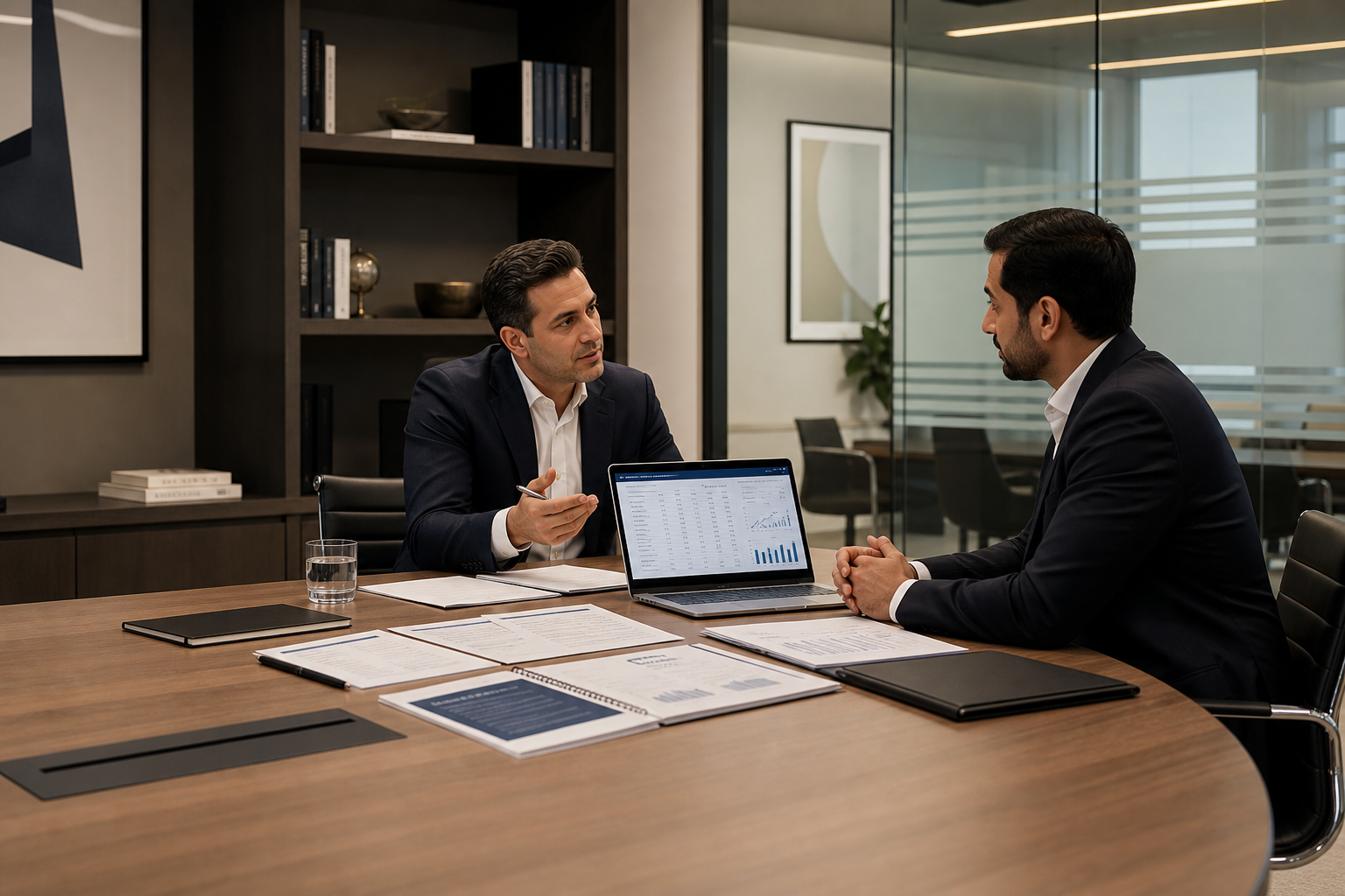 Wide working-environment scene of a professional advisory meeting space